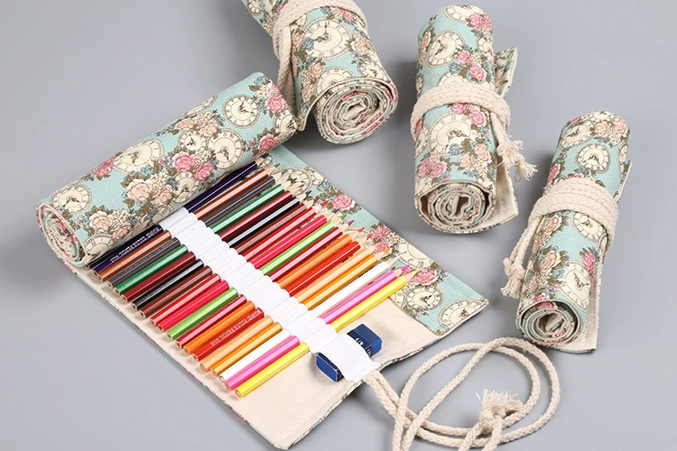 12/24/36/48/72 Rose Clock Printing Roll School Pencil Case Canvas Pen Bag Penal for Girls Boys Cute Large Pencilcase Penalties Box Stationery Supplies