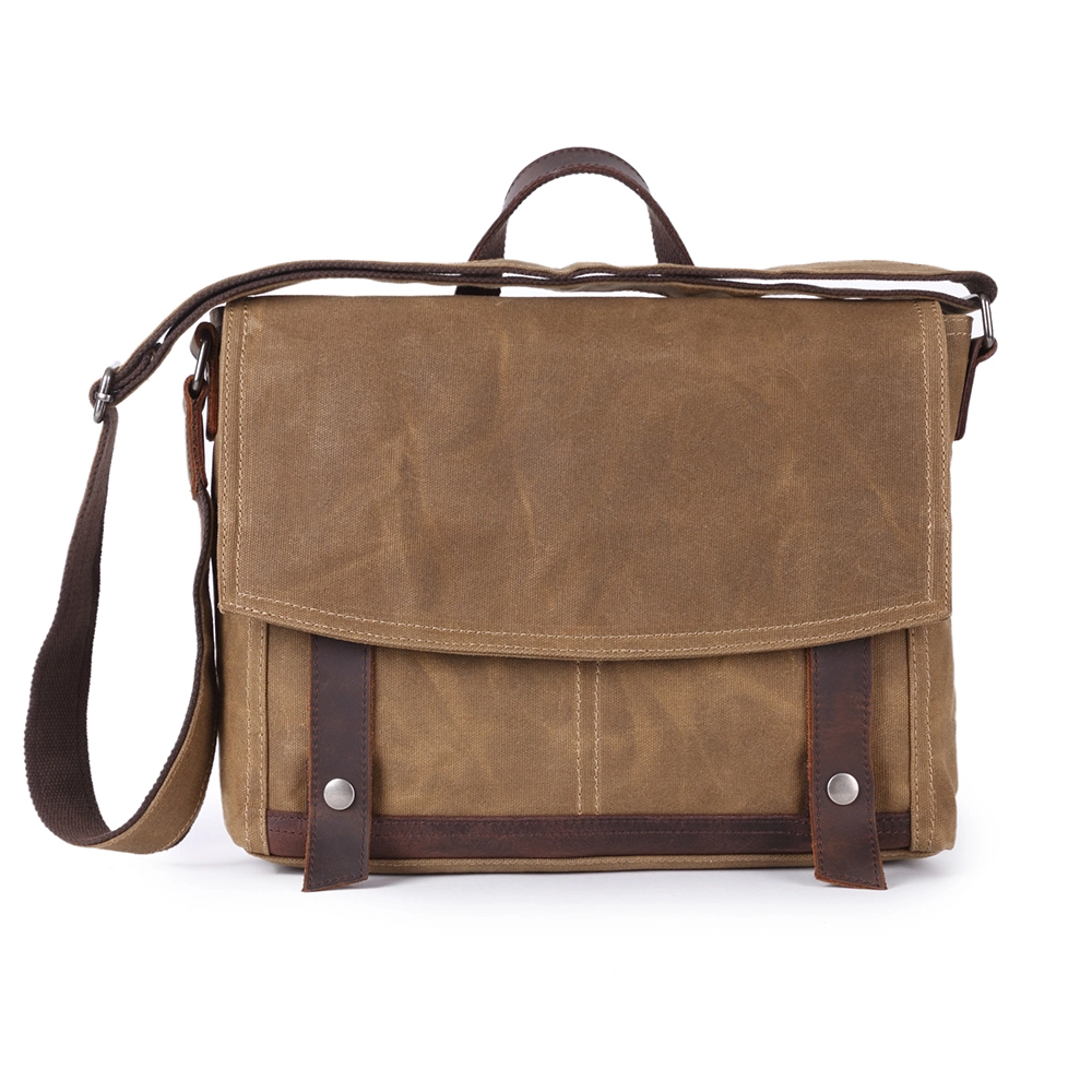 Waterproof Vintage Genuine Leather Computer Bag Waxed Canvas Briefcase Large Satchel Shoulder Bag (RS-8825)