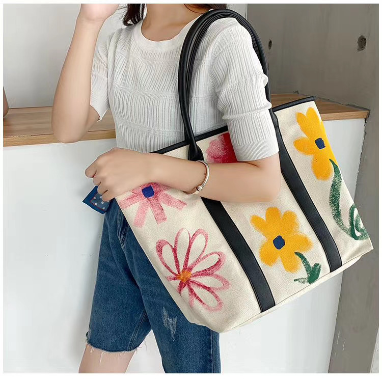 Guangzhou Bag Factory Customized Floral Canvas Shopper Beach Bag