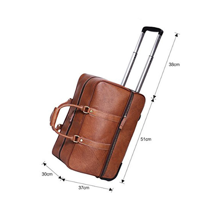 Men's Leather Trolley Luggage Wheeled Duffle, Leather Travel Bag Two Layers
