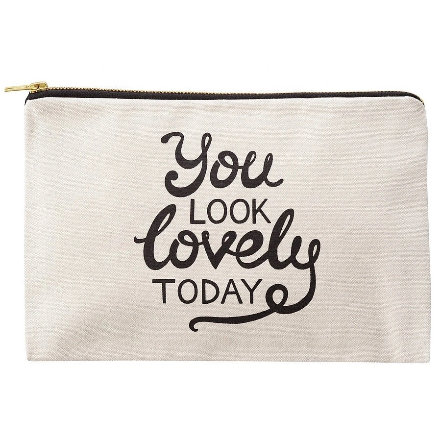 Wholesale Portable Custom Print Logo Cotton Canvas Small Cosmetic Bag / Zip Canvas Bag / Cotton Pouch Bag
