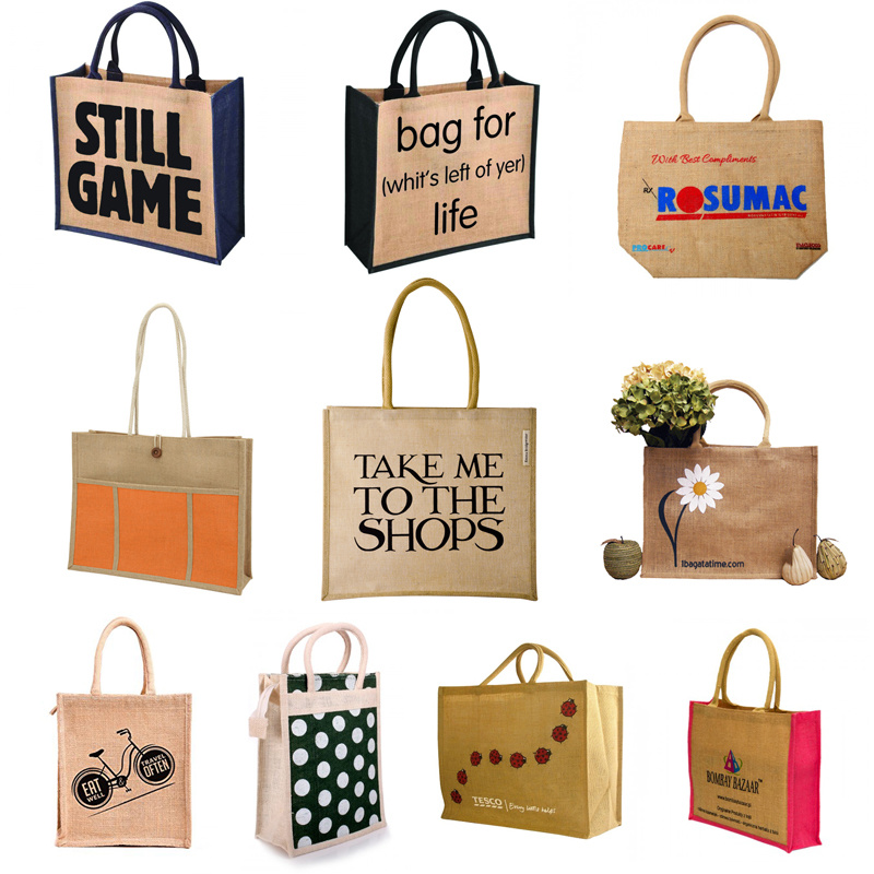 Eco-Friendly Customized Logo Black Handle Linen Jute Burlap Bag Gift Bag with Tassel