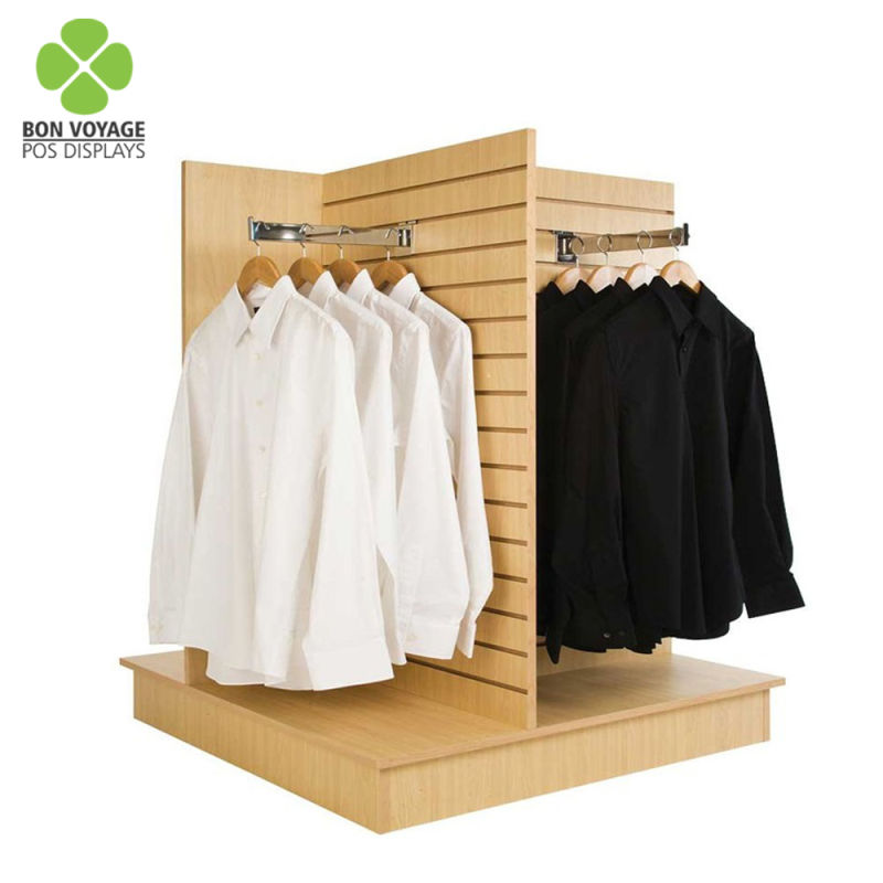 Retail POS Double-Sided Floor Standing Wooden Clothing Slatwall Display Stand