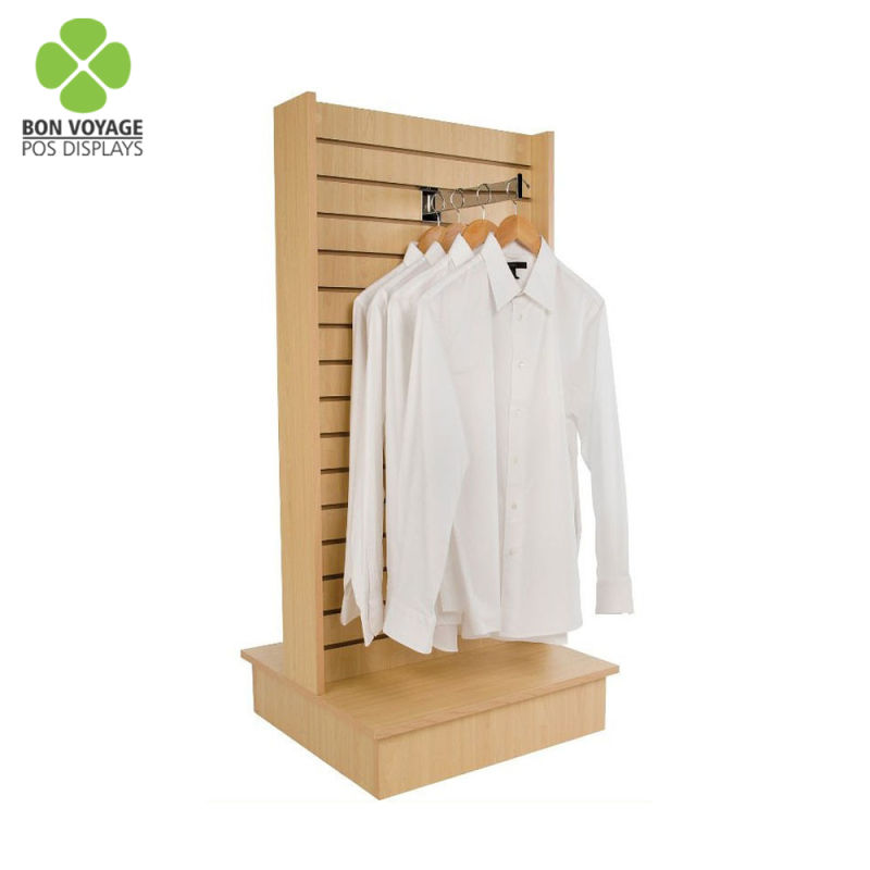 Retail POS Double-Sided Floor Standing Wooden Clothing Slatwall Display Stand