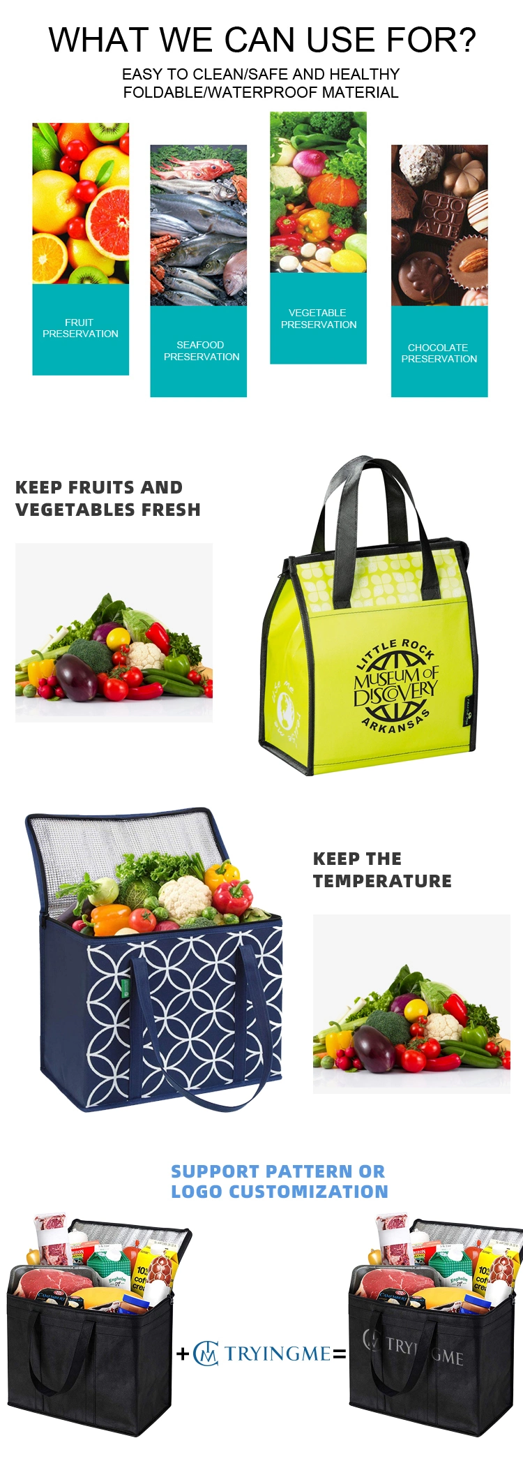 Custom Logo Reusable Tote Take Away Food Delivery Bag, Grocery Thermal Shopping Bag Insulated Cooler Bag