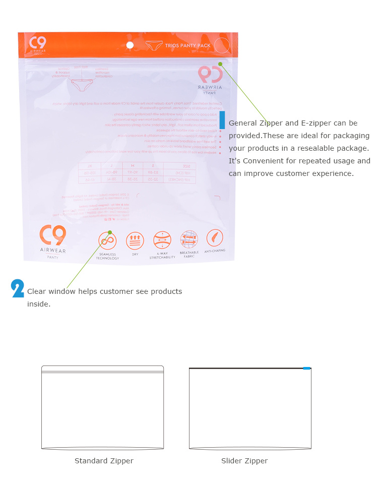 Resealable Side Sealing Pouch Printed Plastic Under Wear Zip Poly Bag