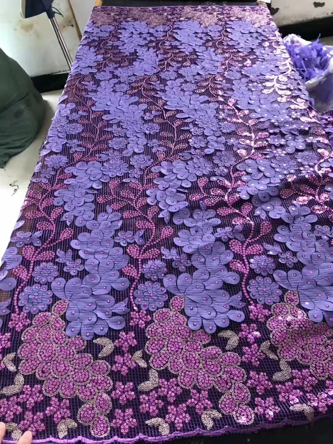 Purple 3D Flower Embroidery Sequins Fabric, Bridal Fabric, African Fabric, Cotton Fabric