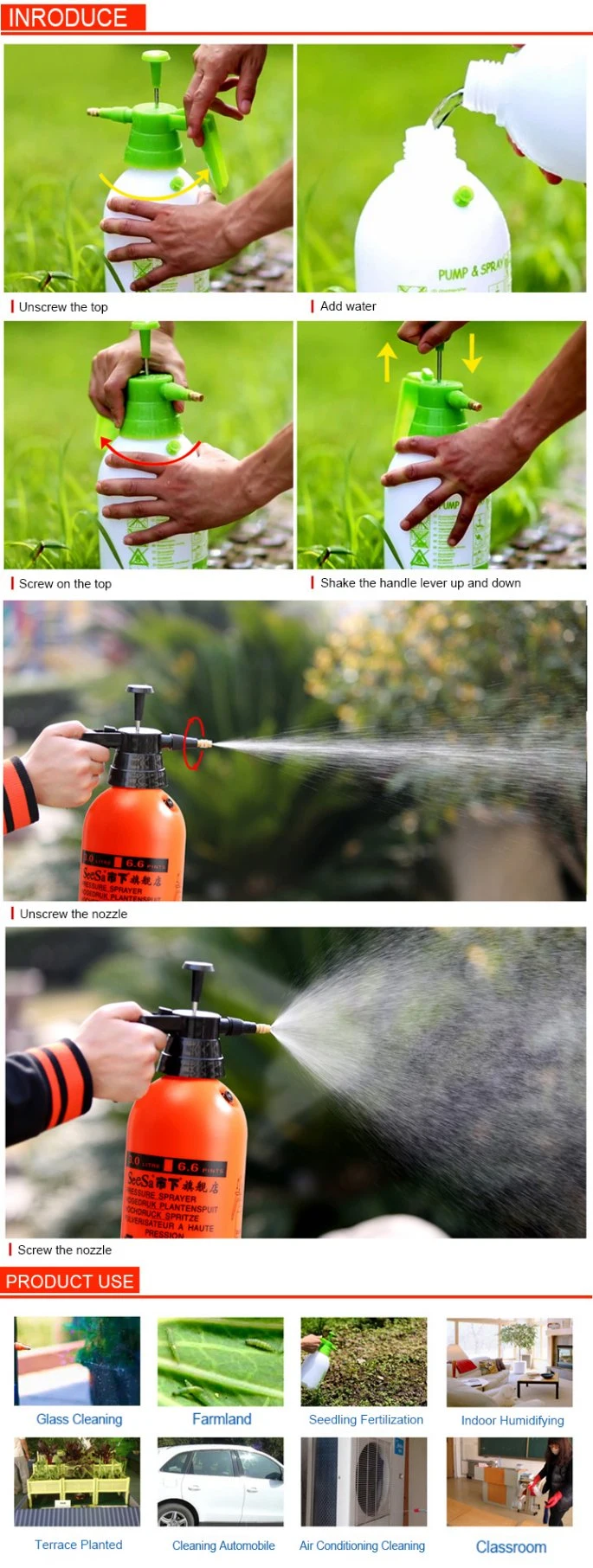 3L Handheld Plastic Small Chemical Resistant Cleaning Mini Water Mist Spray Bottle (SX-5073-10A)