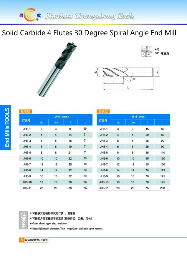Customized 2, 3, 4, 5, 6, 7, 8 Slots Solid Carbide, High Speed Steel End Mill