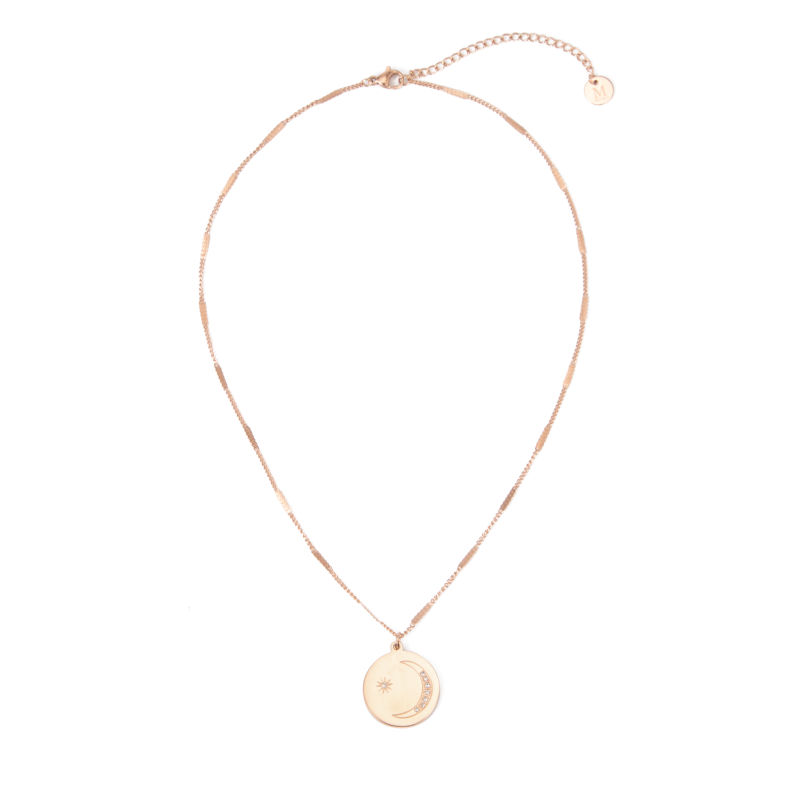 Gold-Plated Stainless Steel Round Plate Diamond Moon Sun Necklace