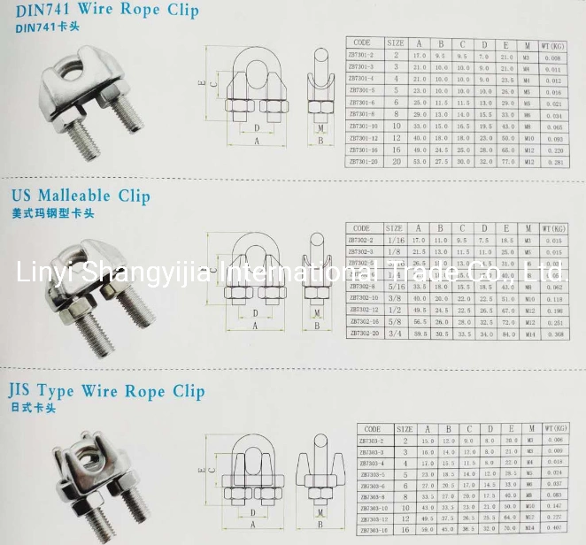 High Quality 304 316 Stainless Steel Wire Rope Clip JIS/DIN741/Us Type Wire Rope Clip