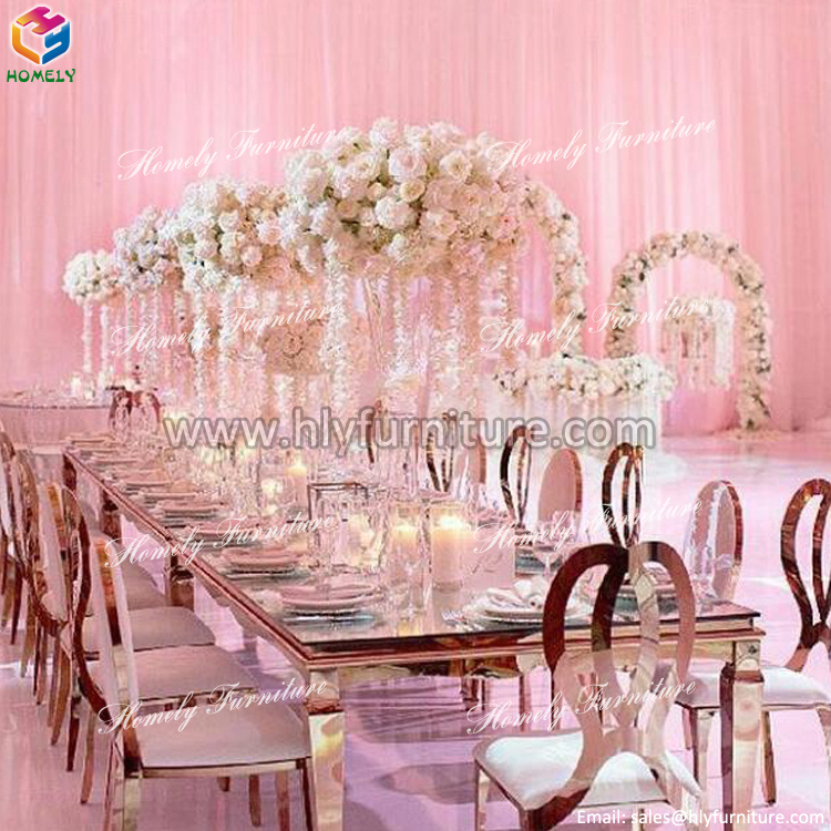 Luxury Rose Tempered Glass Crystal Gold Stainless Steel Dining Table
