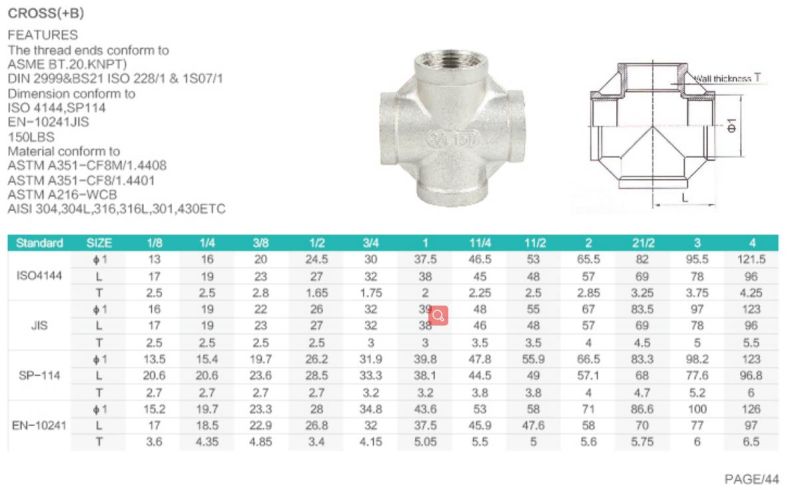 Natural Gas Threaded Stainless Steel Pipe Fittings Cross