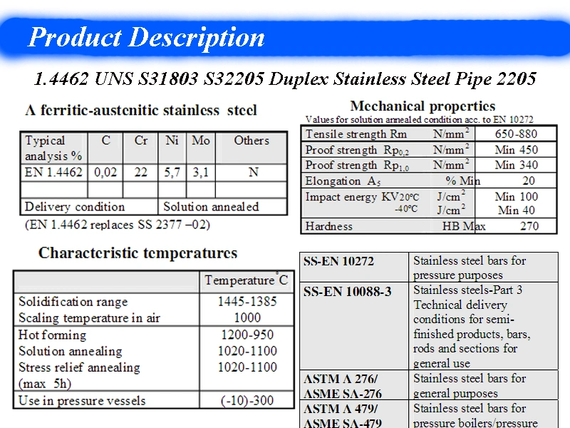 1.4462 Uns S31803 S32205 Duplex Stainless Steel Pipe 2205