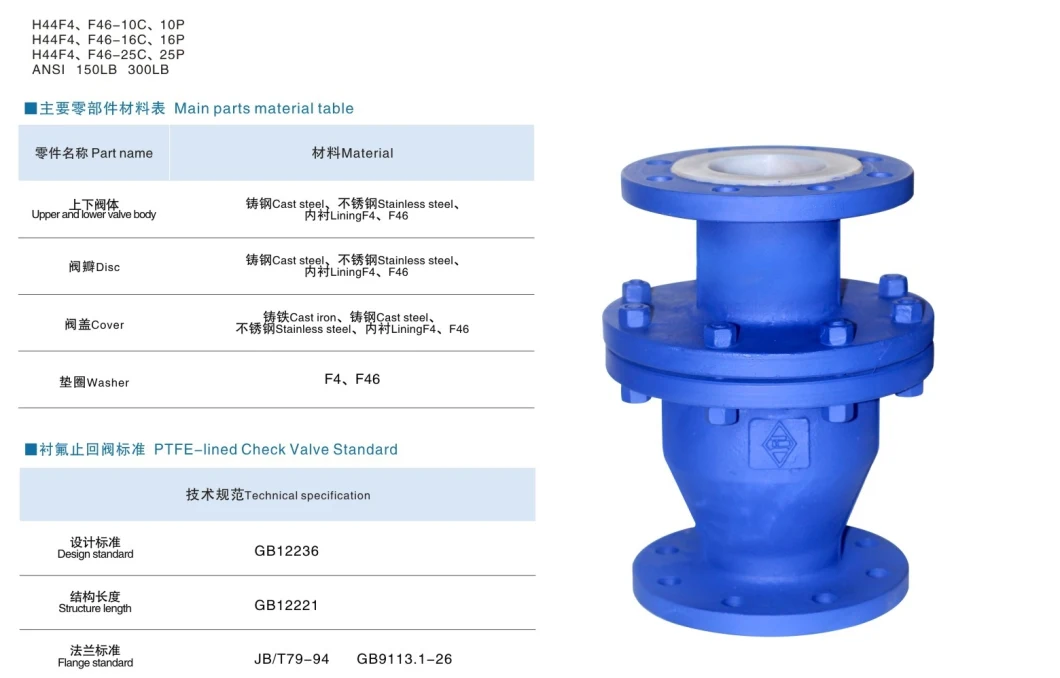 Fluorine-Lined Check Valve Cast Steel PFA-Lined