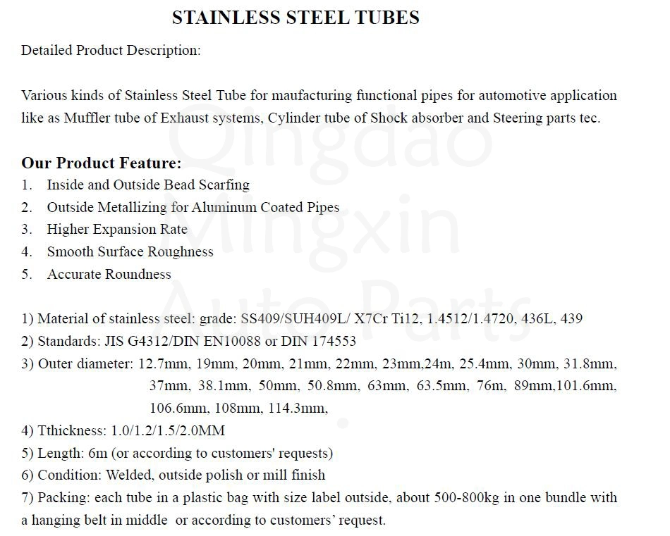 Welded Exhaust Stainless Steel Pipe Used for Muffler Tube/Exhaust Pipes