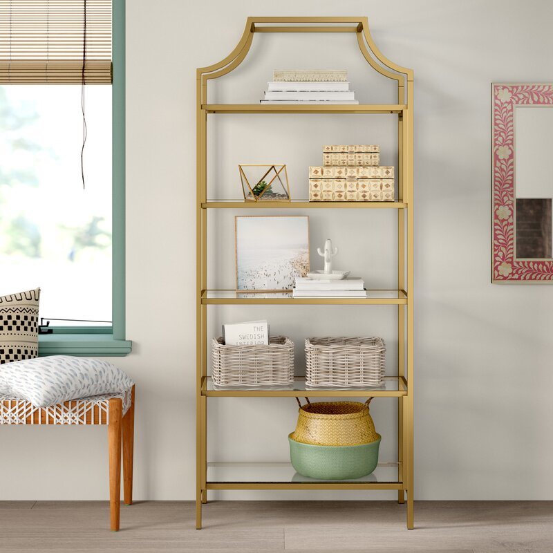 Home Furniture Antique Modern Glass Ladder Bookcase Shelf with Golden Metal Shelf for Living Room