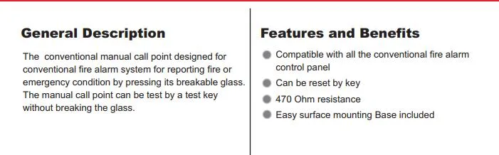 Restorable Conventional Manual Alarm Call Point for Conventional Fire Alarm System