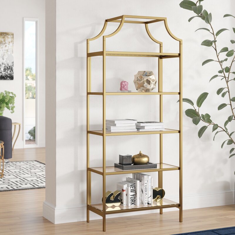 Home Furniture Antique Modern Glass Ladder Bookcase Shelf with Golden Metal Shelf for Living Room