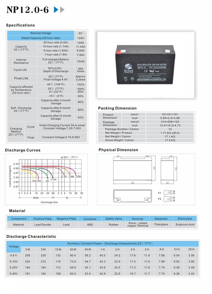 Factory Price SLA 6V 12ah Storage Deep Cycle Rechargeable Lead Acid UPS Battery