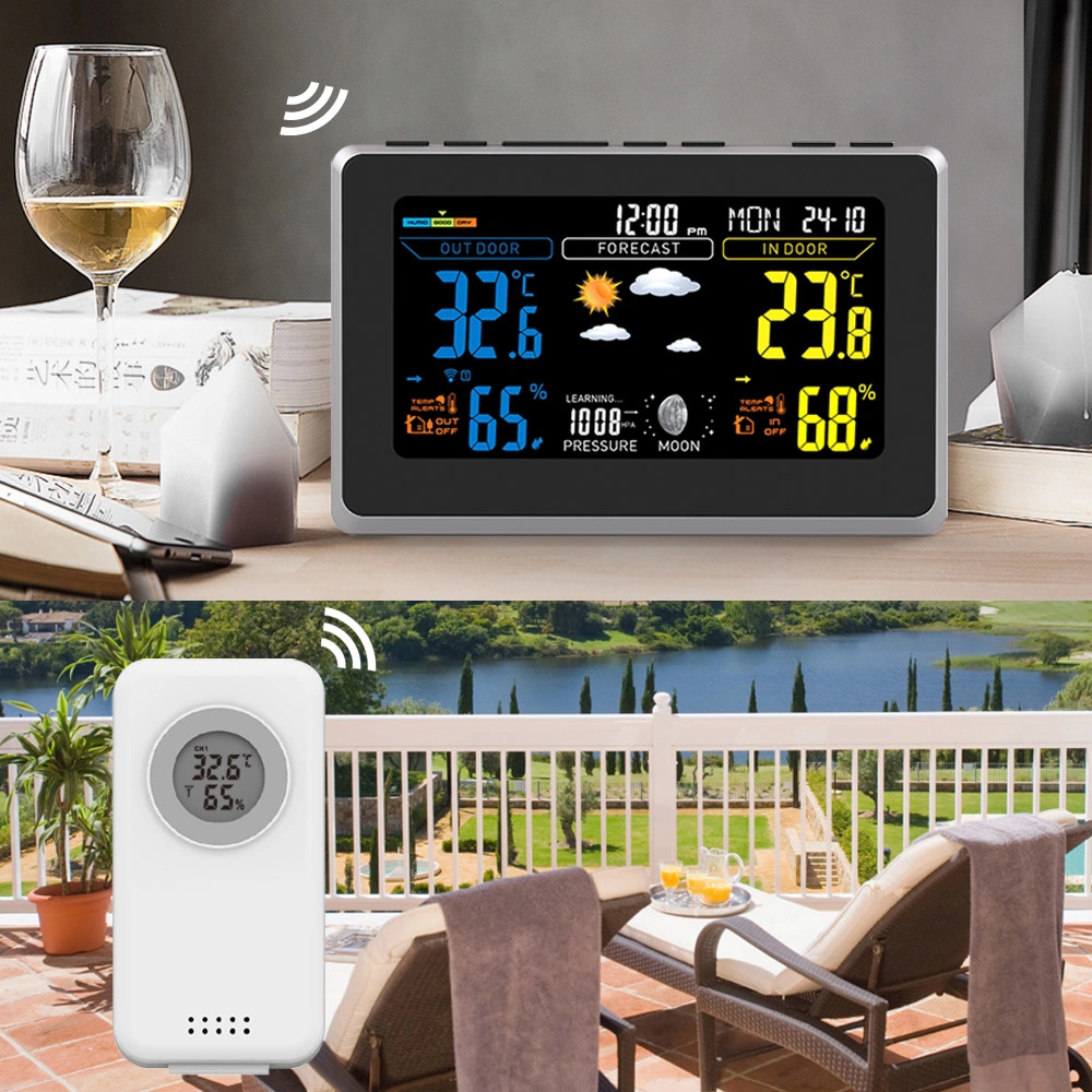 LCD Digital Clock Indoor Outdoor Temperature Color Weather Station with Outdoor Sensor Wireless 433