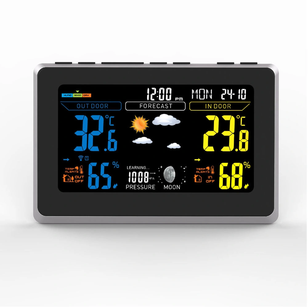 LCD Digital Clock Indoor Outdoor Temperature Color Weather Station with Outdoor Sensor Wireless 433