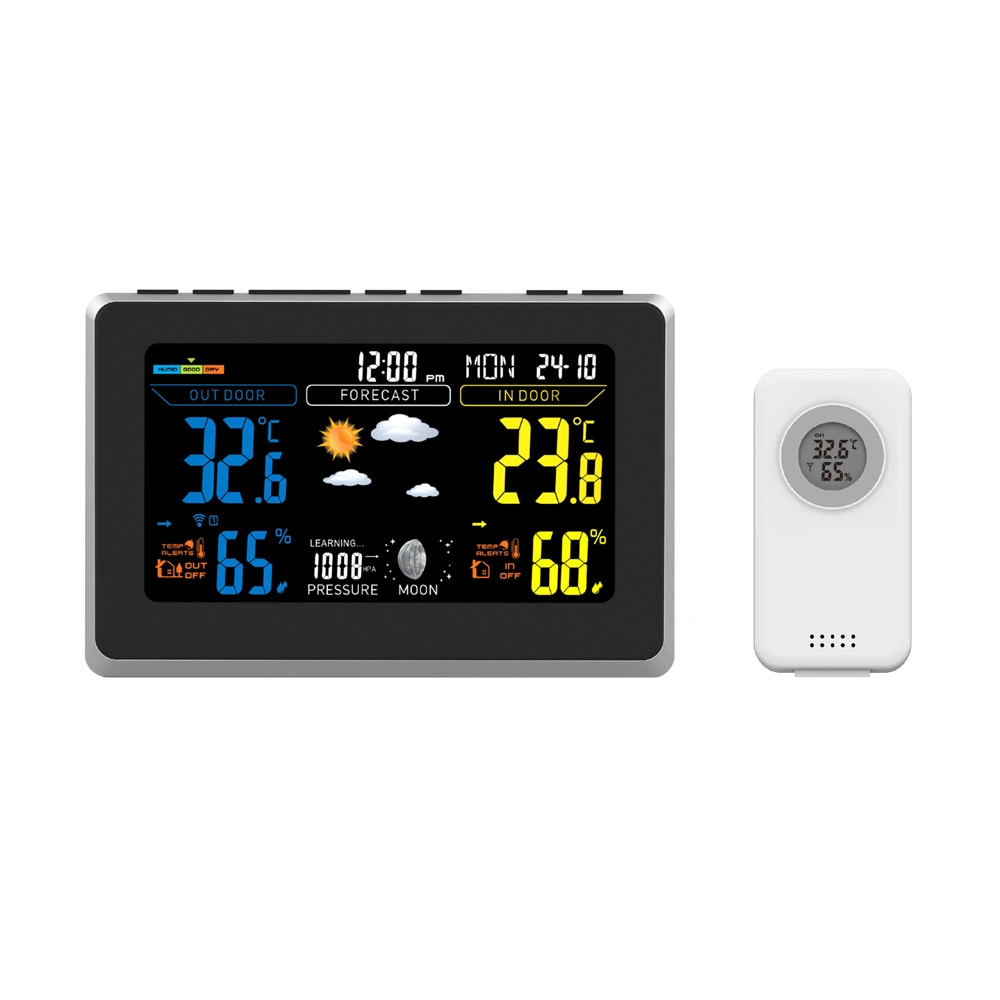 LCD Digital Clock Indoor Outdoor Temperature Color Weather Station with Outdoor Sensor Wireless 433