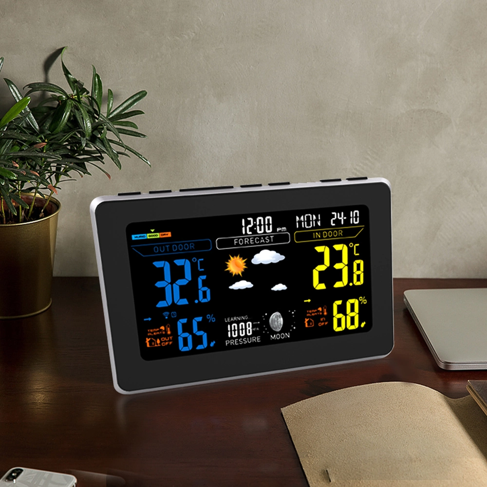 LCD Digital Clock Indoor Outdoor Temperature Color Weather Station with Outdoor Sensor Wireless 433