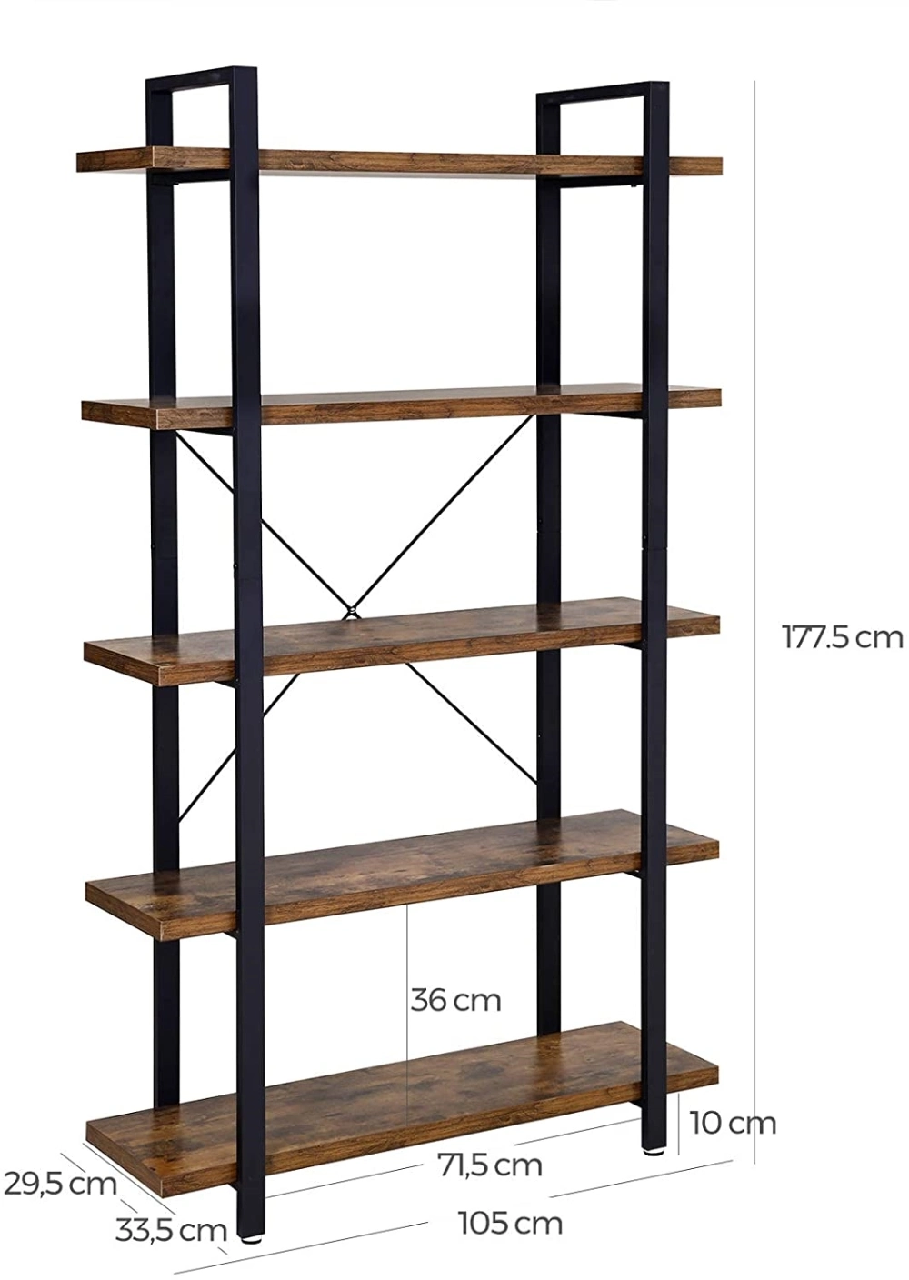 Bookcase Sturdy 5 Tier Living Room Shelf Industrial Design Easy Assembly Living Room Bedroom Office