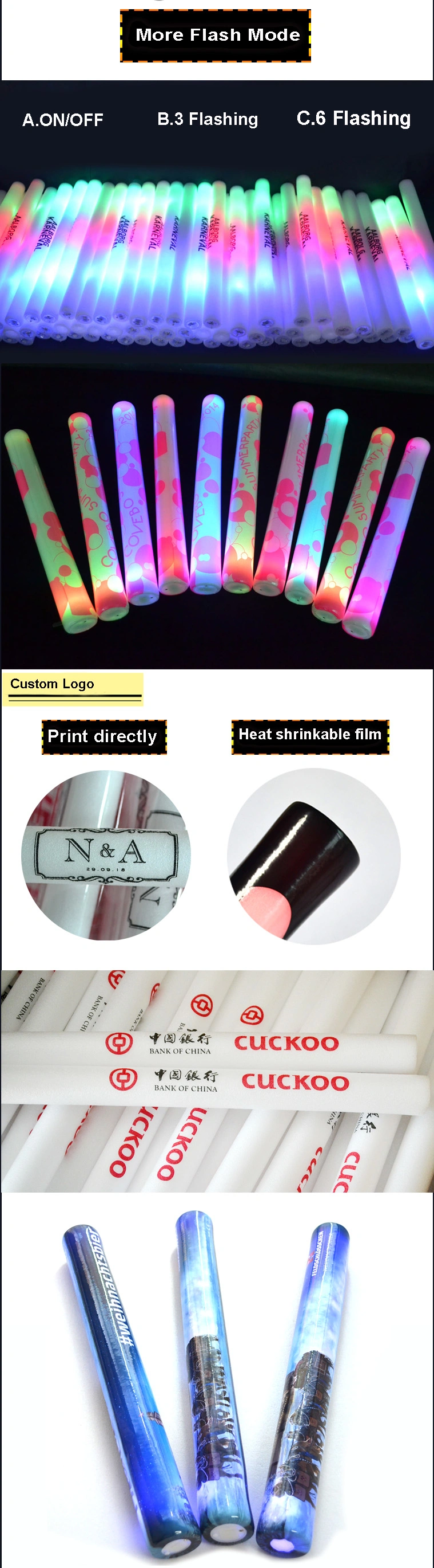 Linli OEM Brand Logo Printed Promotional Multi Color Chaning LED Glow Flashing Foam Stick, Sponge Foam Stick, Light Stick