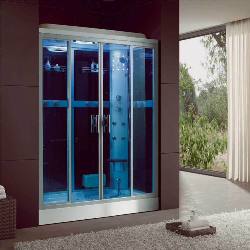 1.6m Length Blue Glass Door Acrylic Tray Steam Shower 2 Person
