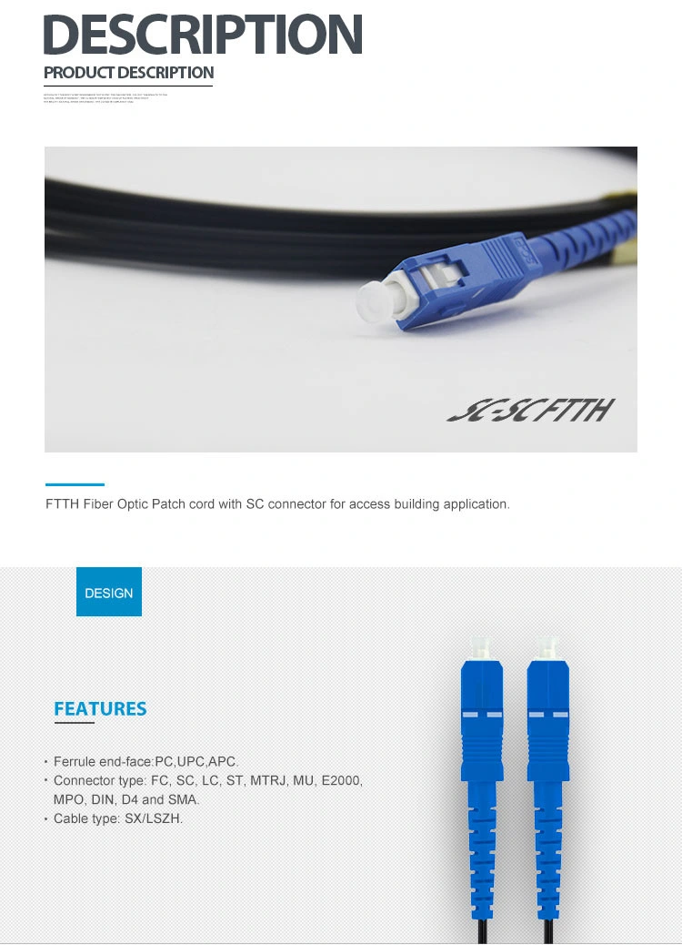 2.0/3.0mm 1 core fiber optic cable LSZH SC-SC FTTH