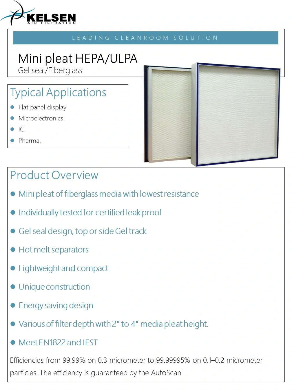 Cleanroom Fan Filter Unit FFU Mini-Pleat H14 HEPA Air Filter