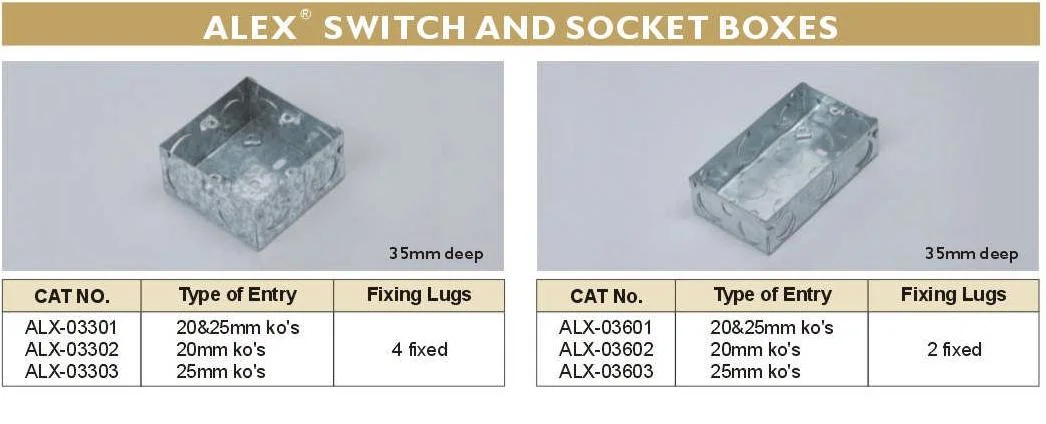 4 Fixed Lugs 35mm Deep Zinc Coated Switch Box Socket Box for Metalic Conduit