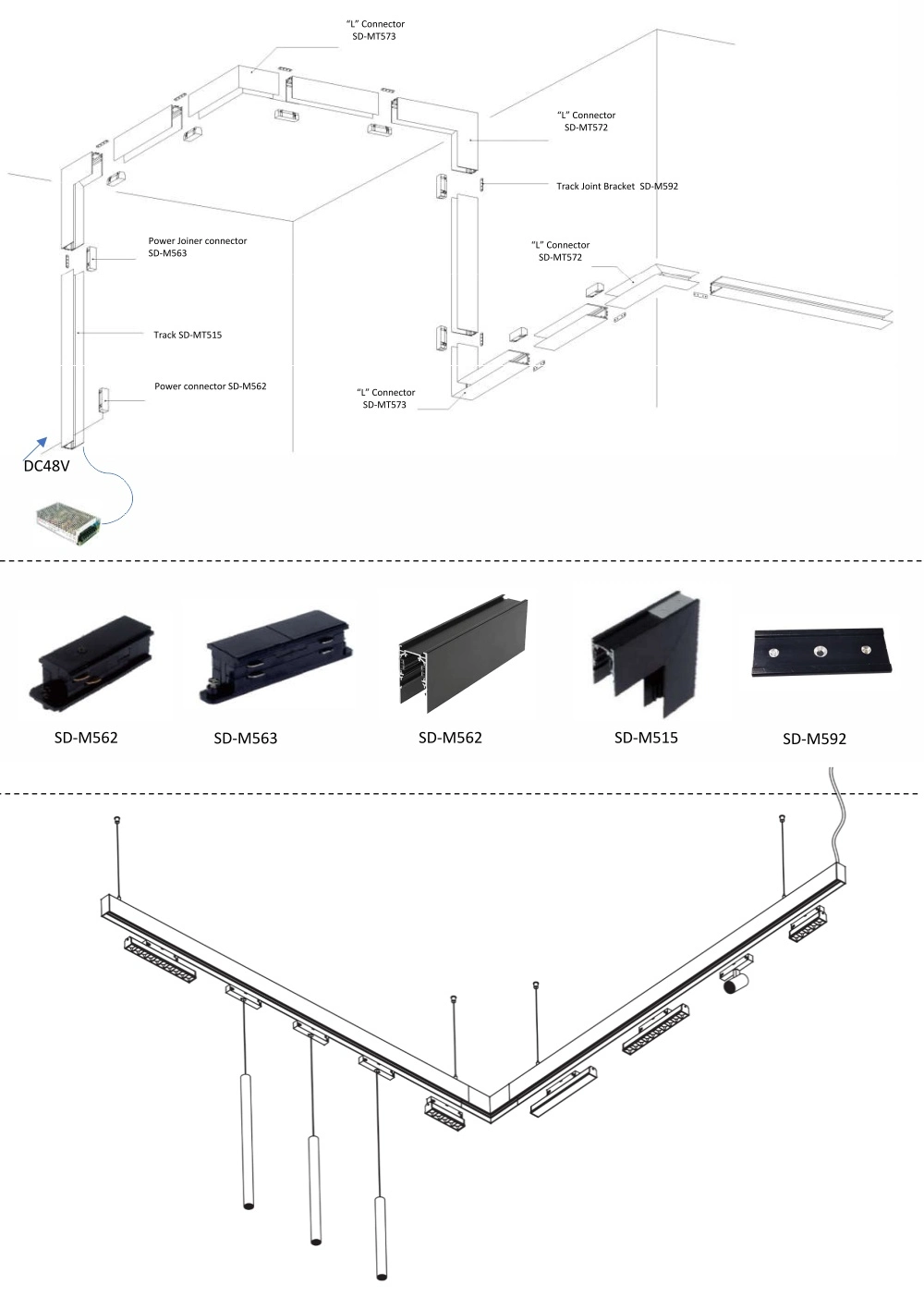 DC48V Power Supply Magnet Linear Light Spotlight 4wires Rail System Aluminum Profile Magnetic Spot Lamp Magnetic Rail Track LED Lighting for Indoor