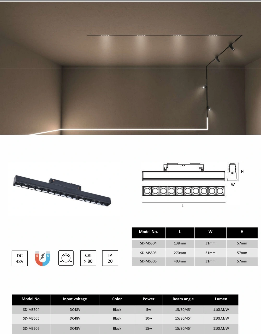 DC48V Power Supply Magnet Linear Light Spotlight 4wires Rail System Aluminum Profile Magnetic Spot Lamp Magnetic Rail Track LED Lighting for Indoor