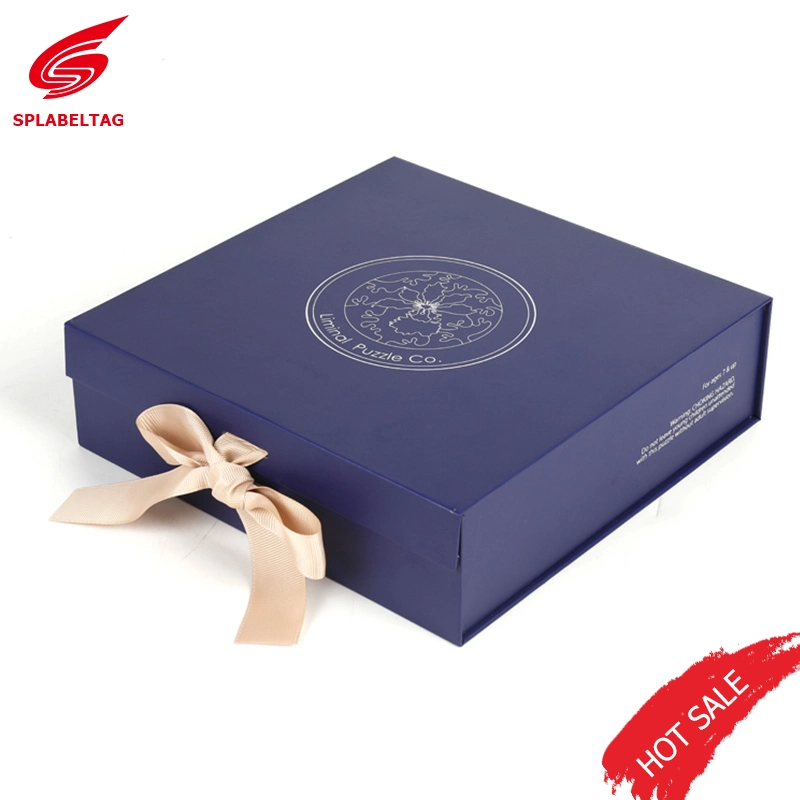 Custom Luxury Blue Magnet Flap Paper Box Flip Top Gift Boxes with Ribbon