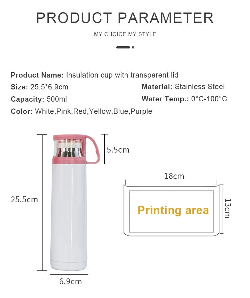 High Quality 500ml Sublimation Bottle Thermos Flask Hot Water Bottle with Colourful Lid