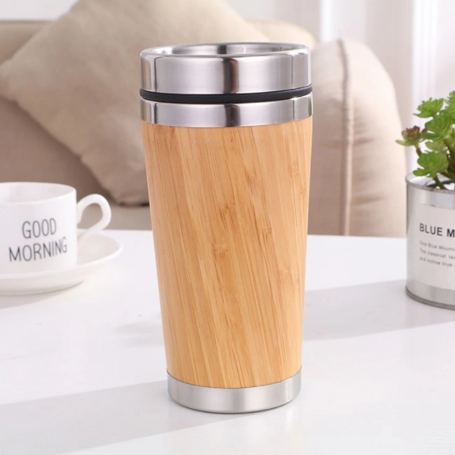 Wholesale Stainless Steel Cover Bamboo Water Bottle Coffee Tumbler Vacuum Thermos Flask