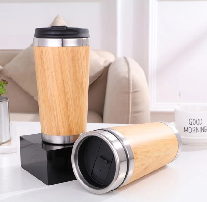 Wholesale Stainless Steel Cover Bamboo Water Bottle Coffee Tumbler Vacuum Thermos Flask