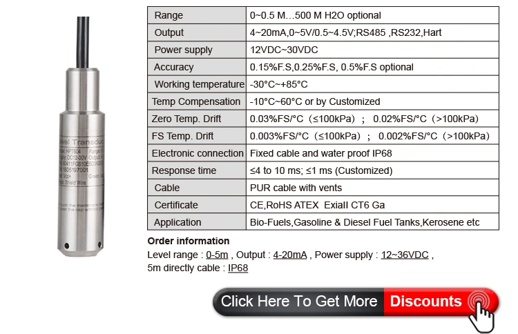 Holykell Analog 4~20madc Water Tank Transmitter Analog Fuel Level Sensor