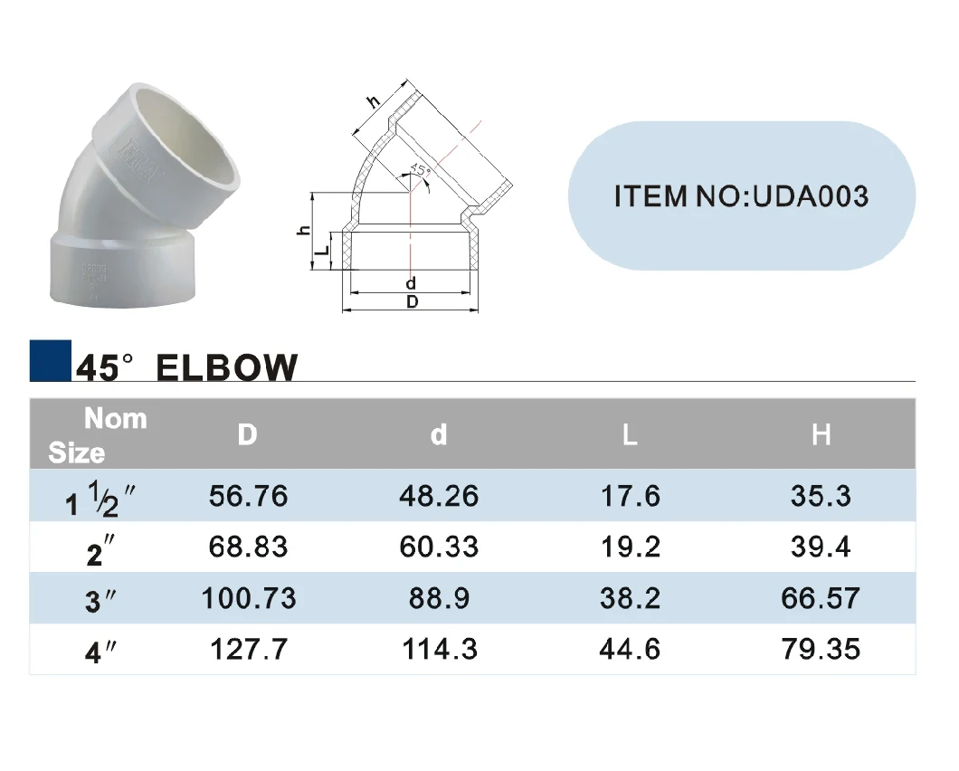 Era PVC Pipe Fitting 45 Degree Elbow, ASTM D2665 for Drainage with NSF & Upc