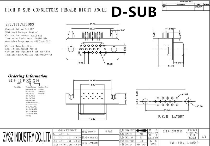 D-Subminiature Connectors, Female Type, Right Angle 5A Current, Contact Brass