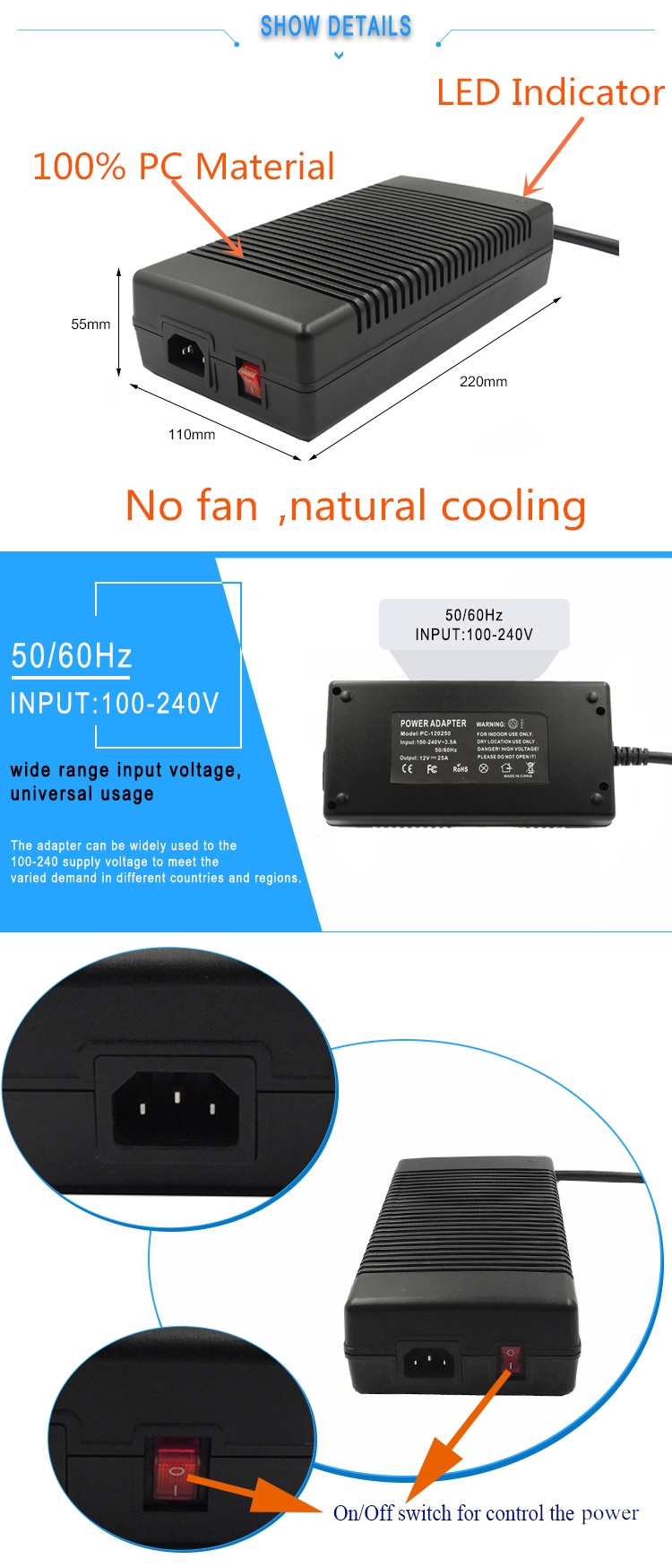 19V 16A AC DC power supply 304W switch mode power adapter