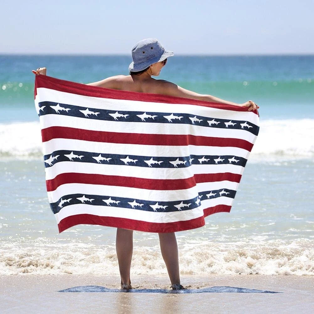 Cabanana Large Oversized Beach Towel - Cotton Print 35 X 70 Inch Blue Red Striped Sand Free Pool Towel, Big Summer Mens Swim Cabana Towel