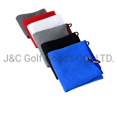 Custom Printed Logo Dual Action Black White Tri Fold Micro Fiber Waffle Weave Style Microfiber Golf Towel with Grommet and Carab