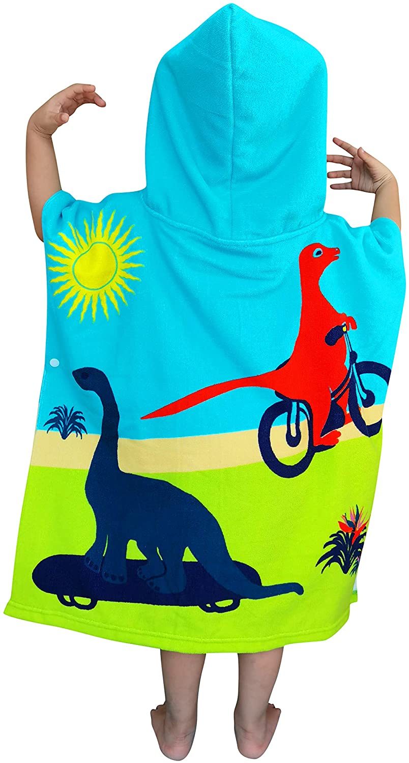 Dinosaurs Kids Bath/ Pool/ Beach Hooded Poncho Towel - Super Soft & Absorbent Poncho Towel, Measures 24 Inch X 24 Inch