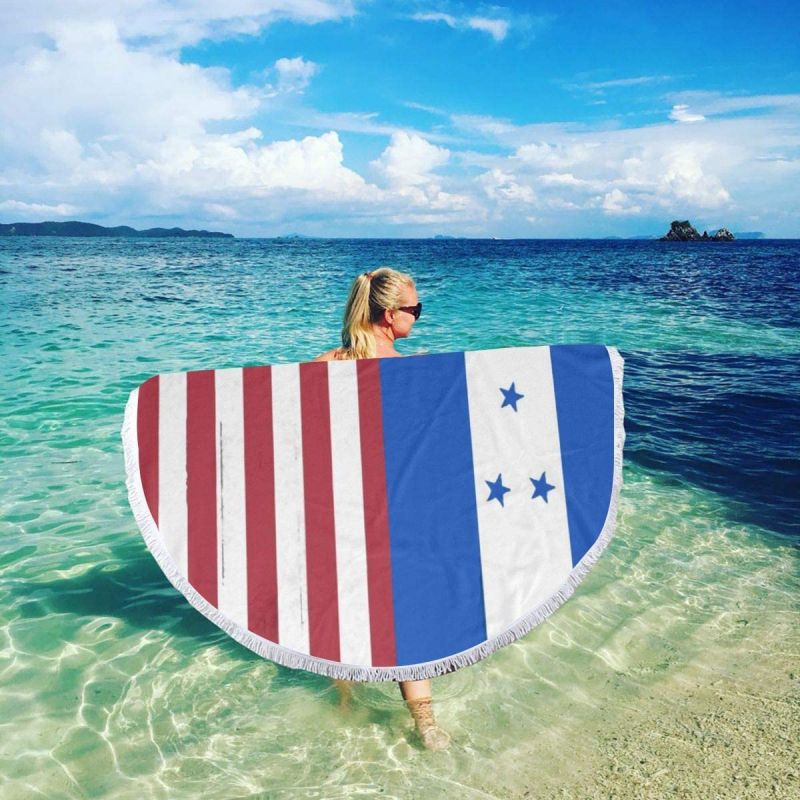 Round Beach Towel American and Honduras Flag Beach Blanket Beach Round Yoga Mat Oversized Tassels Beach Towel 59 Inches
