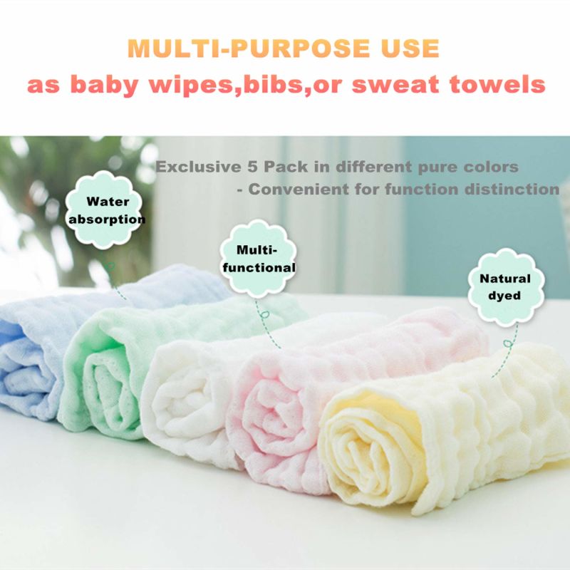 Baby Washcloths (12X12 Inches, 5 Colors) -100% Natural Cotton Baby Wipes-Super Soft Face Towel for Sensitive Skin-Baby Register Shower Gift!