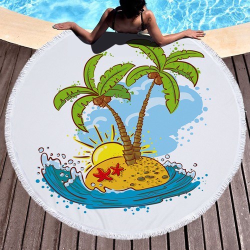 Round Circle Microfiber Swimming Pool Warmer Tassel Printed Beach Towel
